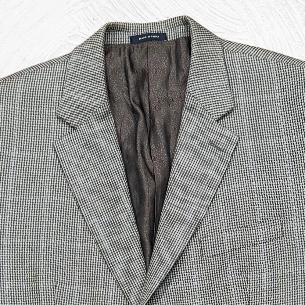 Ralph Ralph Lauren 43R Gray Blue Houndstooth Blazer Silk Wool Cashmere SportCoat